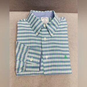 EUC Brooks Brothers REGENT Shirt Sz L Plaid Windowpane Teal Blue Supima Cotton